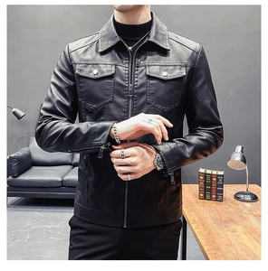 Detail of black slim-fit faux leather jacket with lapel collar and chest pockets