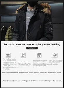 Detail of winter parka with faux fur collar including care labels and washing instructions