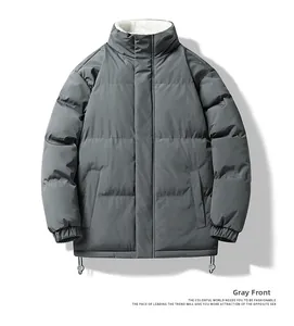 Detail view of grey padded jacket featuring a warm white sherpa fleece collar lining