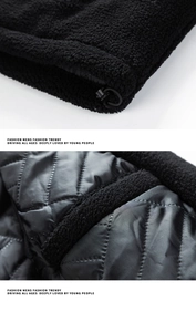 Detailed close-up of heavy fleece fabric texture with quilted lining and adjustable toggles