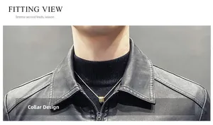 Detailed view of the jacket neckline design with a stylish golden cylinder pendant necklace