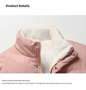 Detail of pink jacket showing stylish stand collar with white faux fur lining and metal snaps