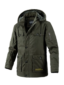 Men's Winter Workwear Hooded Parka Cotton Padded Jacket Thicken Fleece Lined Coat Mid-Length Multi-Pocket Cargo Outwear