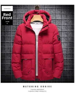 Close-up detail of a red hooded men's puffer jacket with SPORT collar text and arm badge