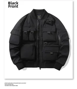 Detailed close-up of multi-pocket functional flight jacket with tactical D-ring in black