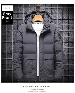 Front view of men's gray hooded puffer jacket with quilted design and zip closure