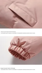 Detail of light pink puffer jacket featuring slanted side pockets and elastic ribbed cuffs