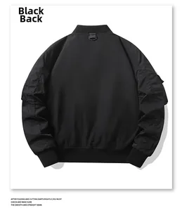 Back view of a black tactical bomber jacket with functional sleeve zipper pocket