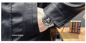 Detail view of black faux leather jacket featuring metal zipper and textured pocket design