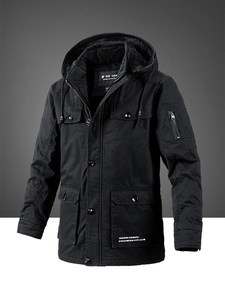 Men's black cargo winter parka with drawstring hood and multiple utility pockets