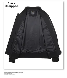 Detailed spread view of black flight jacket featuring ribbed cuffs and smooth inner lining