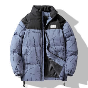 Blau-schwarze Herren Steppjacke mit Buchstabendruck und Stehkragen für Winter
