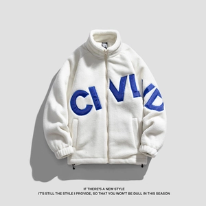 Men's Thick Fleece Jacket Stand Collar Full Zipper Letter Patchwork Coat Retro Streetwear Warm Lamb Wool Outerwear For Men