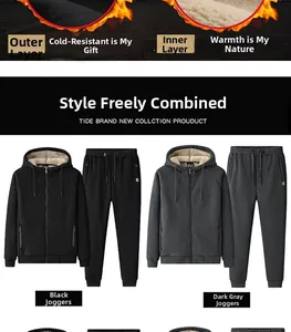 Detail view of thickened thermal fleece lining on men's winter hooded tracksuit set