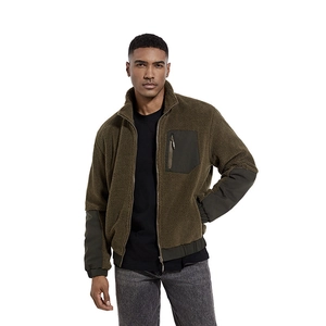 Men's olive green fleece jacket with stand collar and contrasting chest zip pocket