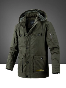 Men's olive green winter parka with heavy hood and multi-pocket utilitarian cargo design