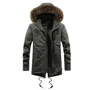 Men Winter Cotton Parka Jacket With Faux Fur Hooded Thick Fleece Lined Warm Mid Length Tooling Outdoor Casual Padded Coat