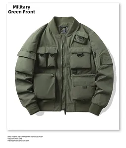 Detail of army green tactical flight jacket showing multiple utility pockets and texture