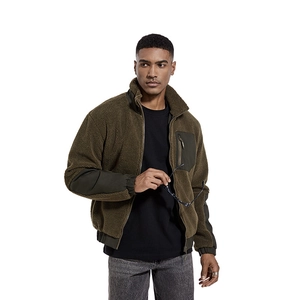 Men's olive lamb fleece jacket with stand collar and zipper pocket on a white background