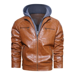Detail of brown leather jacket with gray jersey hood and quilted shoulder stitching