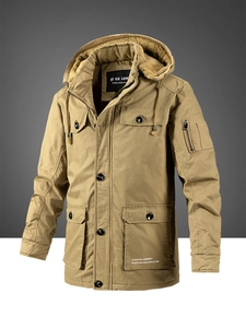 Men's khaki hooded cargo jacket with thick fleece lining and multi-pocket winter design