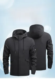 Front and back view of casual black hooded jacket with zipper and brand patch