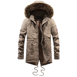 Men's khaki winter parka with thick faux fur hood and warm brown fleece lining
