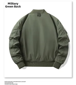 Rear view of army green flight jacket with ribbed collar and signature utility sleeve pocket