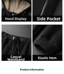 Detailed views of men's thermal hoodie set with thick beige fleece lining and drawstring