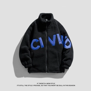 Men's thick black sherpa fleece jacket with blue CI VLD letter patch and high collar