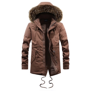 Men's winter long slim parka in dark brown with faux fur hood and fleece lining