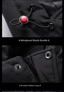 Close-up of windproof elastic buckle and durable metal press studs on black outdoor jacket