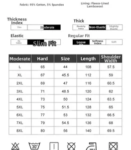 Detailed size chart for heavy cotton fleece hoodie set showing L to 8XL dimensions