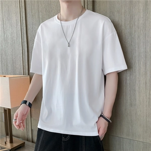 Minimalist white crewneck cotton T-shirt with drop shoulders for men in casual style