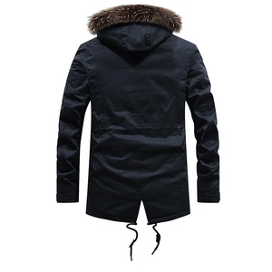 Winter men's slim fit heavy cotton parka jacket with fur hood and classic fishtail hem