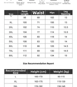 Size chart table for men thick fleece jogger pants from size L up to 8XL with washing guide