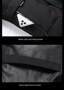 Detail of hooded jacket featuring anti-theft zipper pockets and interior mesh lining