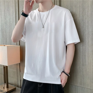Men's relaxed fit white cotton T-shirt with crew neck and dropped shoulders