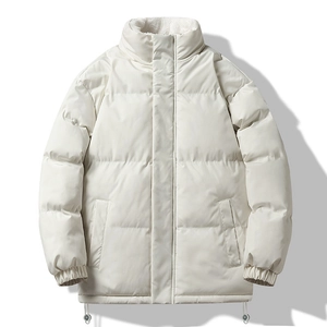 Winter puffer jacket in cream white with fleece-lined stand collar and drawstring hem