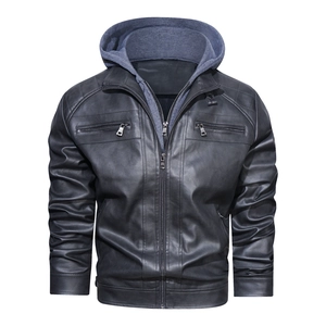 Detail view of men's leather jacket featuring double-zipper and grey knit hood