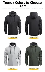 Men's hooded jacket detail showing black, grey, and army green windbreaker color options