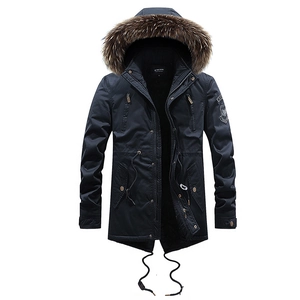 Men's navy winter hooded parka with thick faux fur trim and adjustable waist drawstring