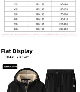 Detailed size chart for men's heavy thick fleece tracksuit with black hoodie and joggers