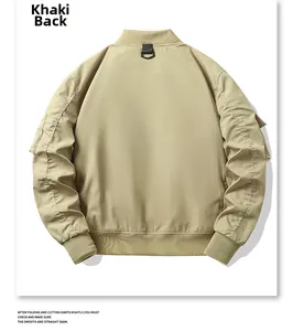 Back view of khaki techwear flight jacket featuring tactical D-ring and ribbed cuffs