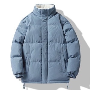 Men's blue puffer jacket with white fleece collar and drawstring hem for winter