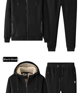 Detail view of black hooded sweatsuit featuring warm fleece lining and adjustable drawstrings