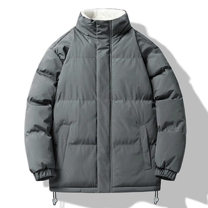 Men's grey winter puffer jacket with stand collar and warm fleece lining details