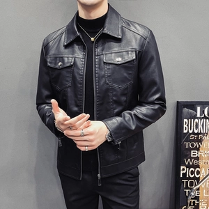 Slim fit black PU leather jacket for men featuring a lapel collar and twin chest pockets