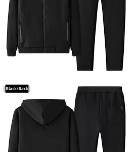 Detailed front and back view of heavy thick fleece lined hooded tracksuit in black