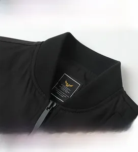 Detail of ribbed collar and metallic zipper on a black tactical bomber jacket